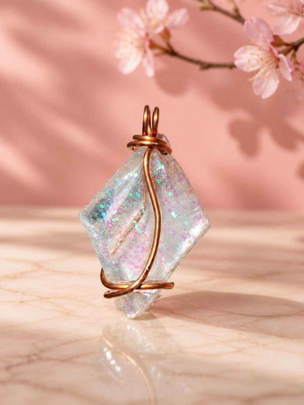 Handcrafted Iridescent Selenite Pendant Wrapped in Copper Wire
